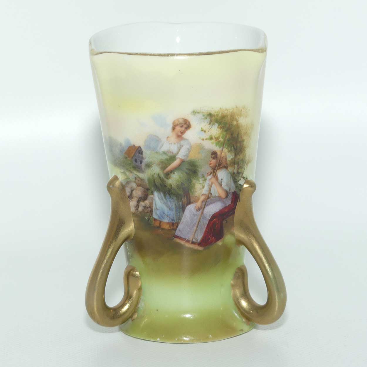 Royal Bayreuth Bavaria triple handle vase with Gleaners scene