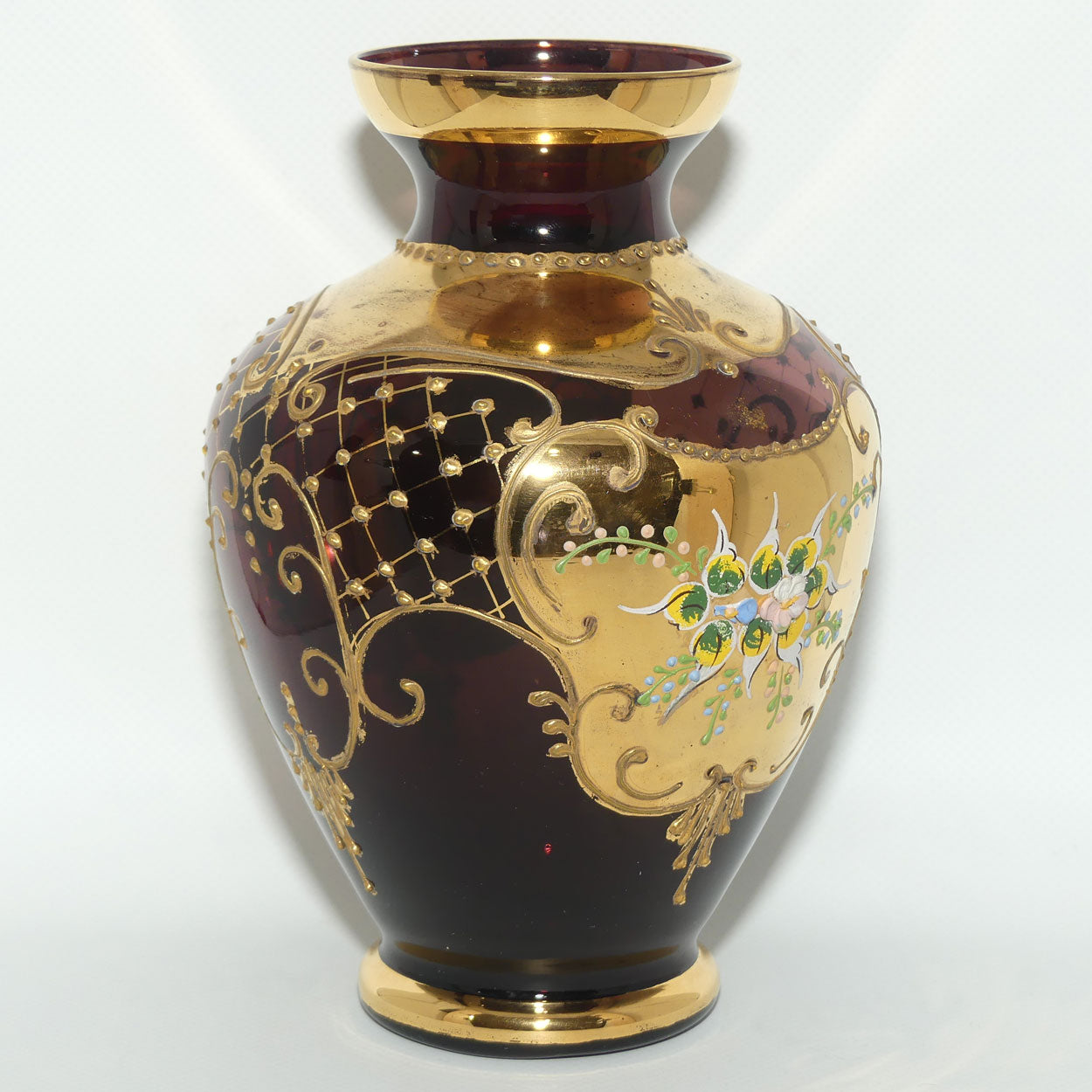 Venetian Glass Amethyst and Gilt with applied enamel flowers vase
