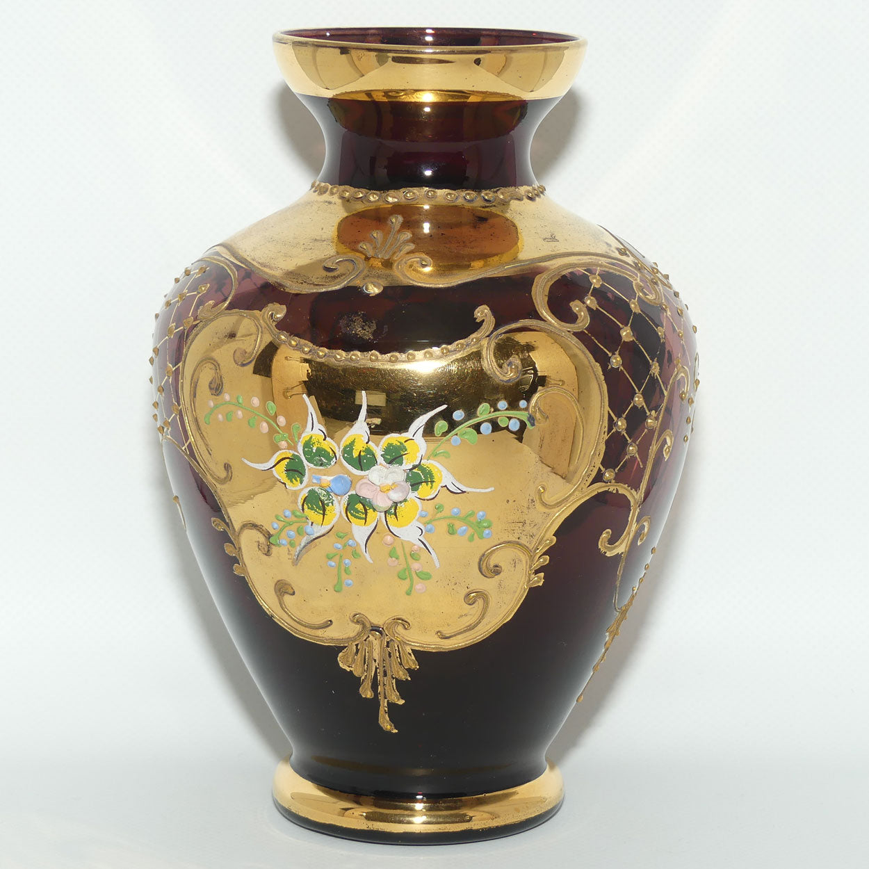 Venetian Glass Amethyst and Gilt with applied enamel flowers vase