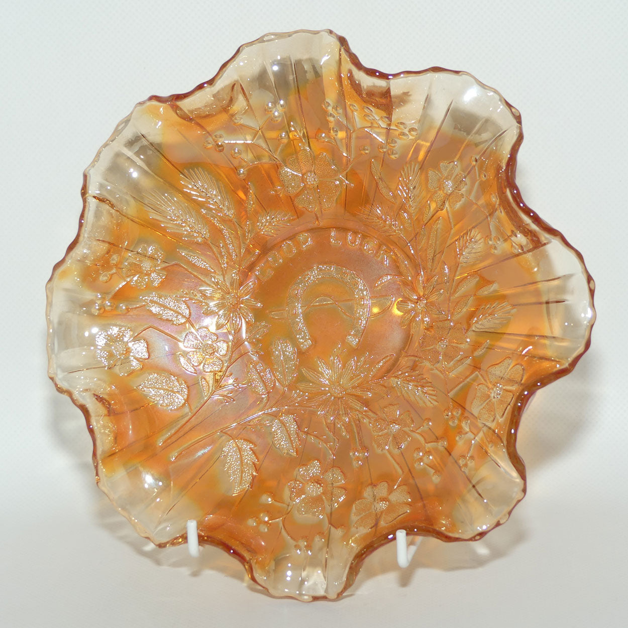 Fenton Marigold Carnival Glass fluted edge bowl | Horseshoe | GOOD LUCK