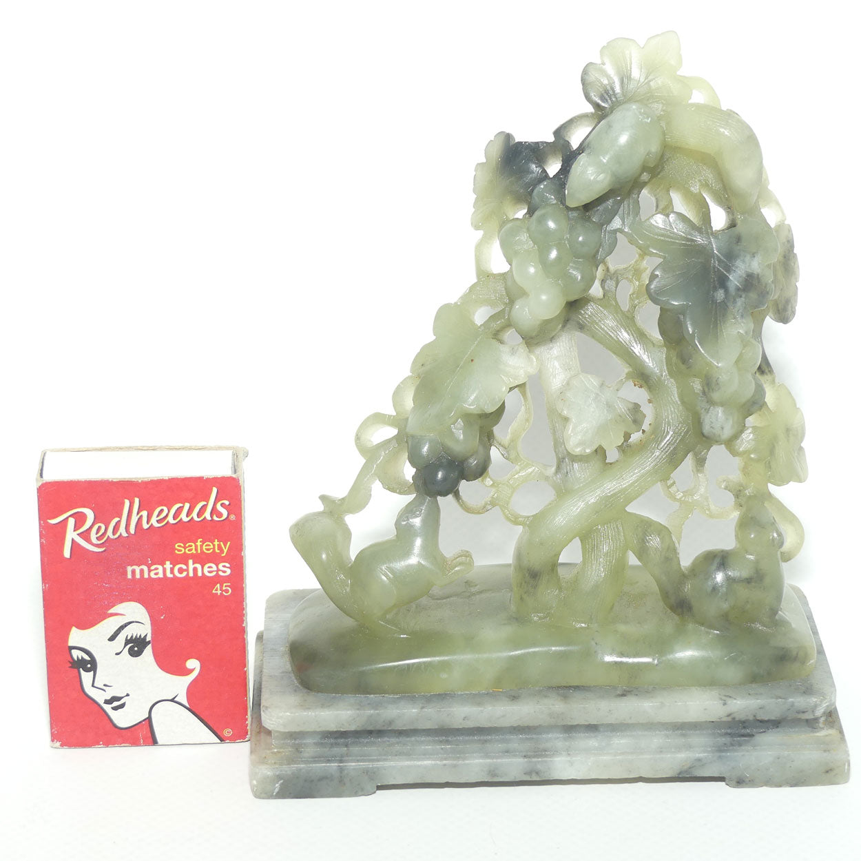 Mid 20th Century Chinese Nephrite Green Jade Grape and Vine on Soapstone base