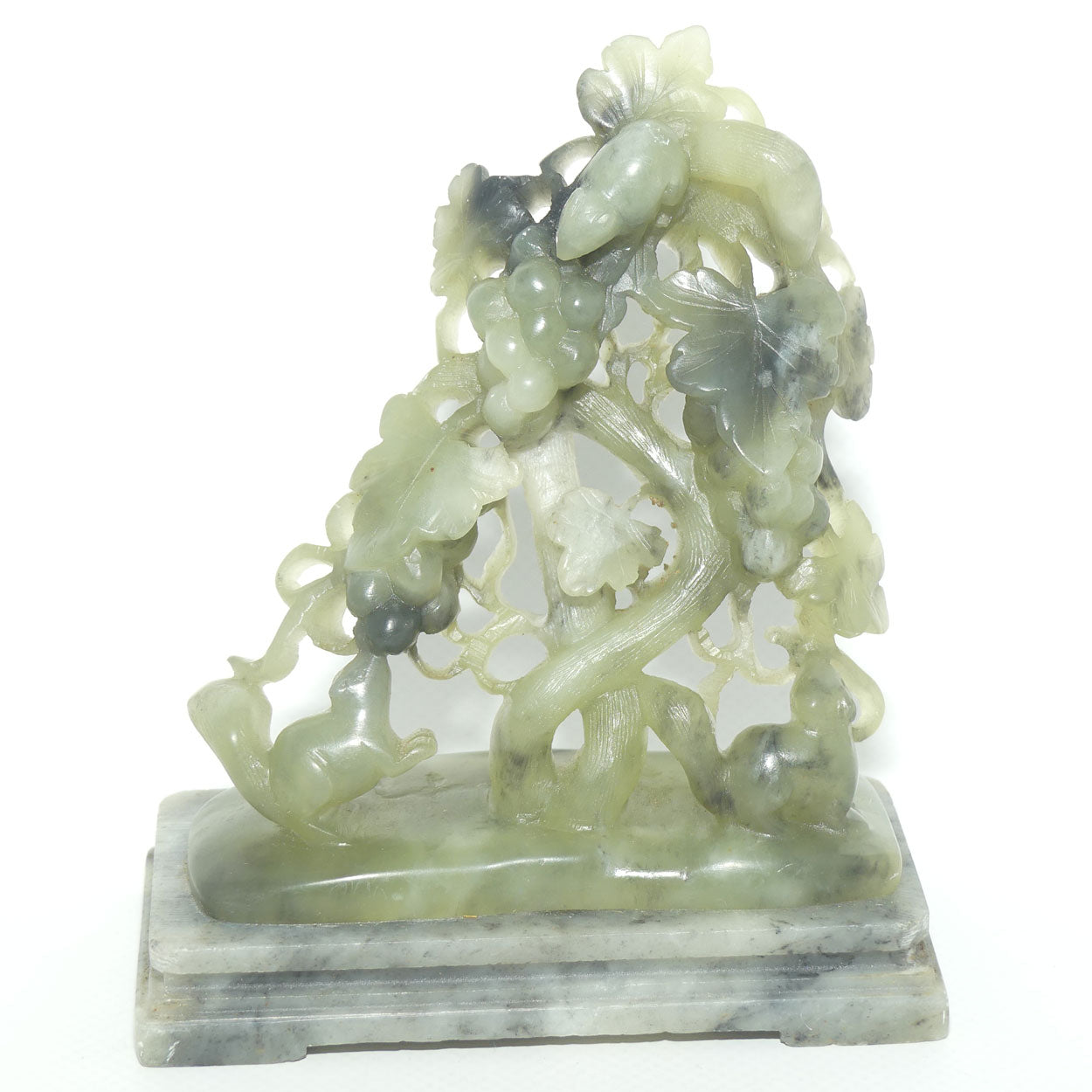 Mid 20th Century Chinese Nephrite Green Jade Grape and Vine on Soapstone base