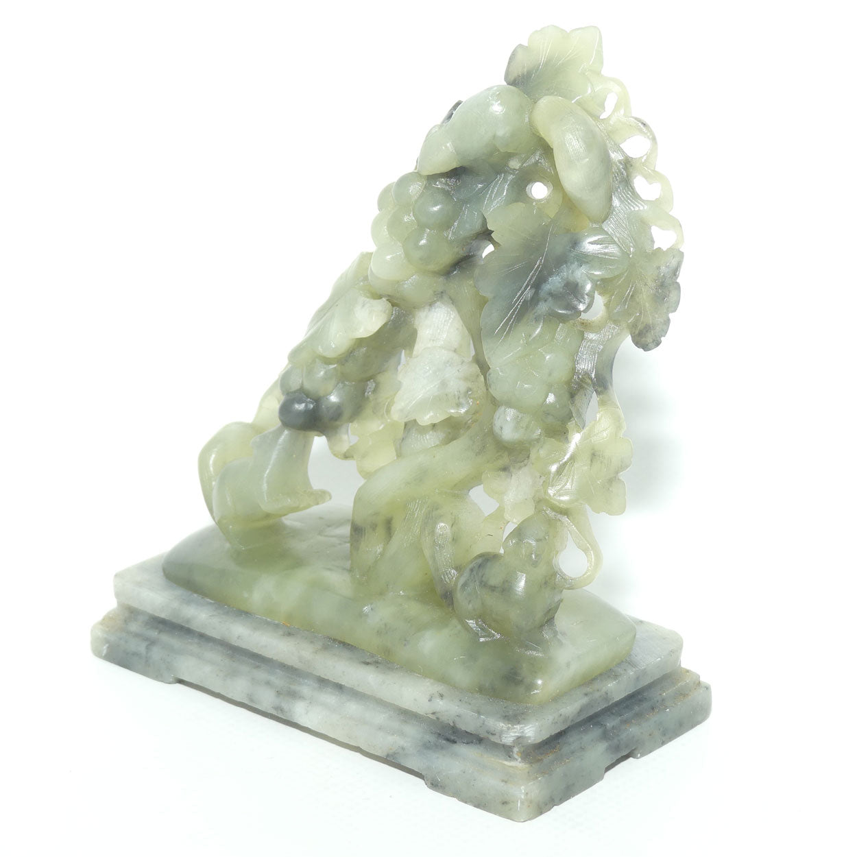 Mid 20th Century Chinese Nephrite Green Jade Grape and Vine on Soapstone base