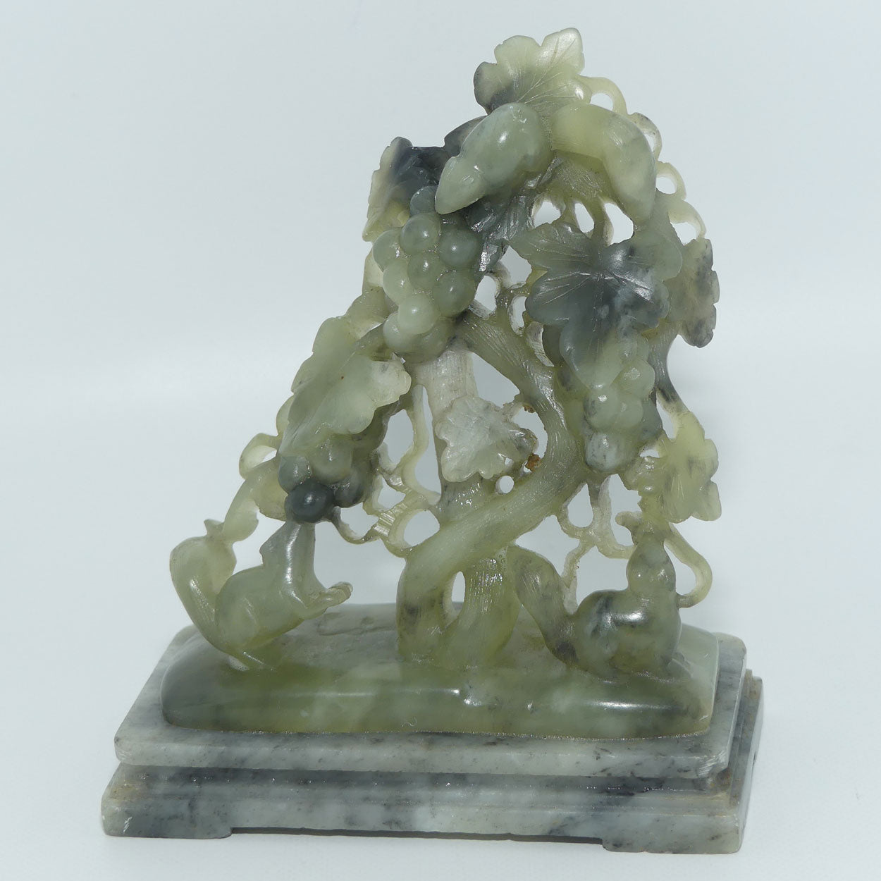 Mid 20th Century Chinese Nephrite Green Jade Grape and Vine on Soapstone base
