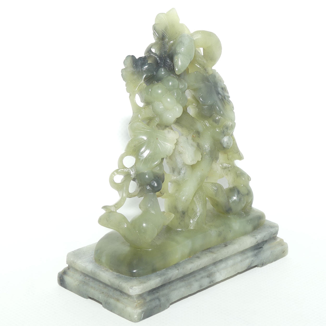 Mid 20th Century Chinese Nephrite Green Jade Grape and Vine on Soapstone base