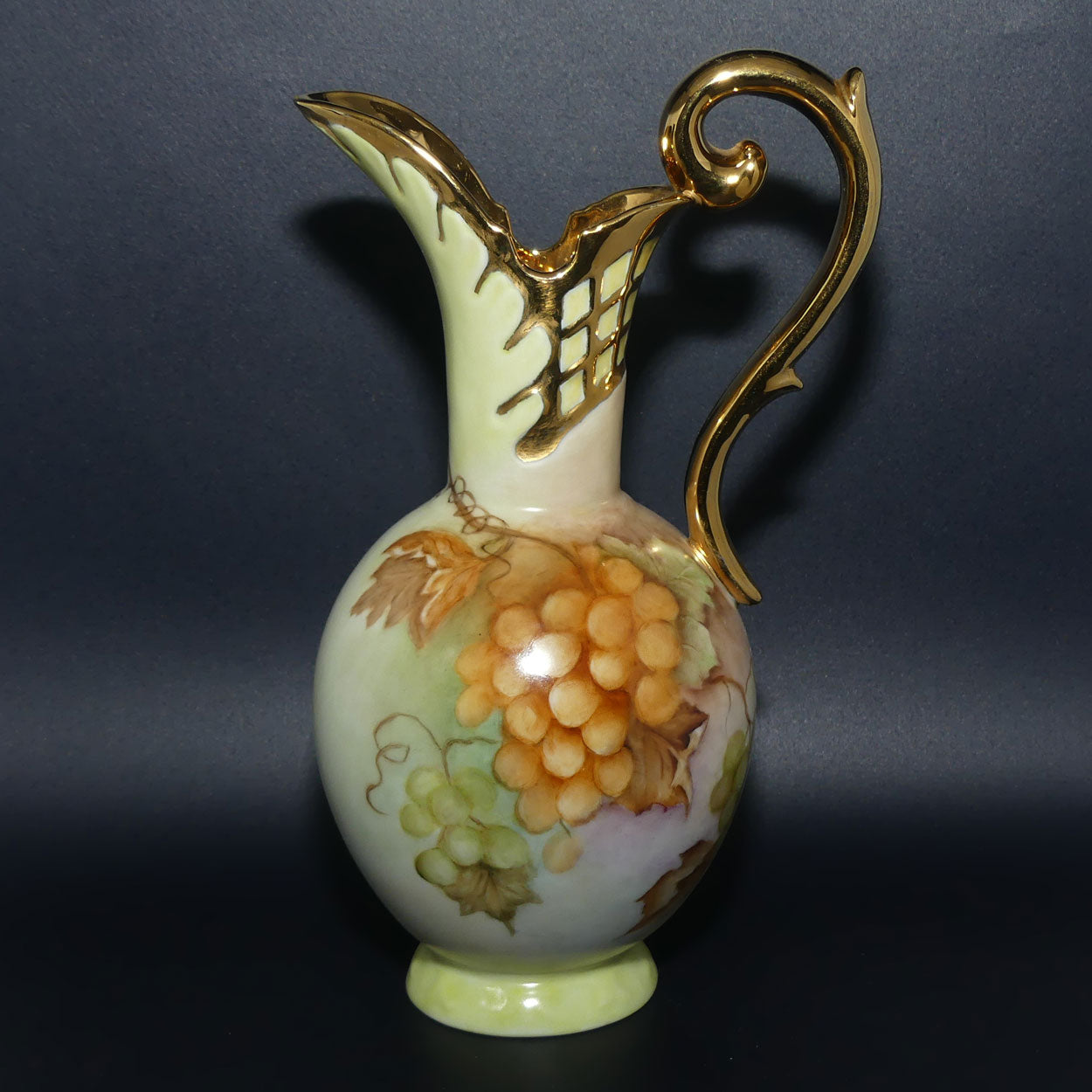 Australian China Painting ewer with Grape and Vine design and high gilt handle | J Butcher 1977