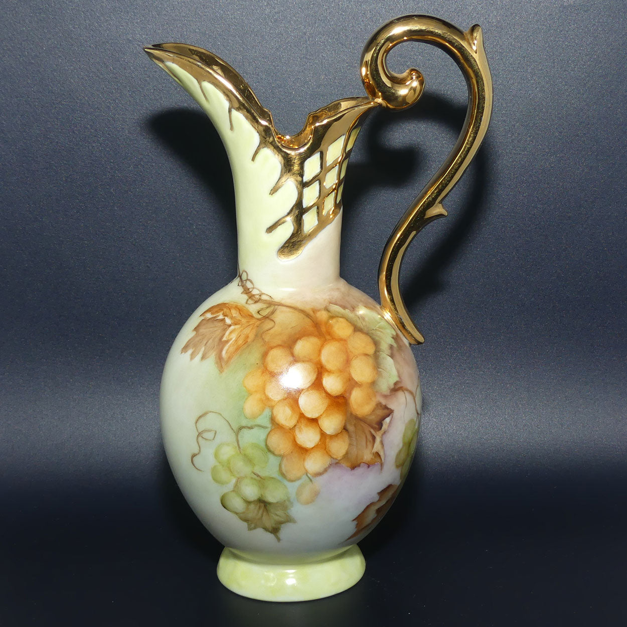 Australian China Painting ewer with Grape and Vine design and high gilt handle | J Butcher 1977