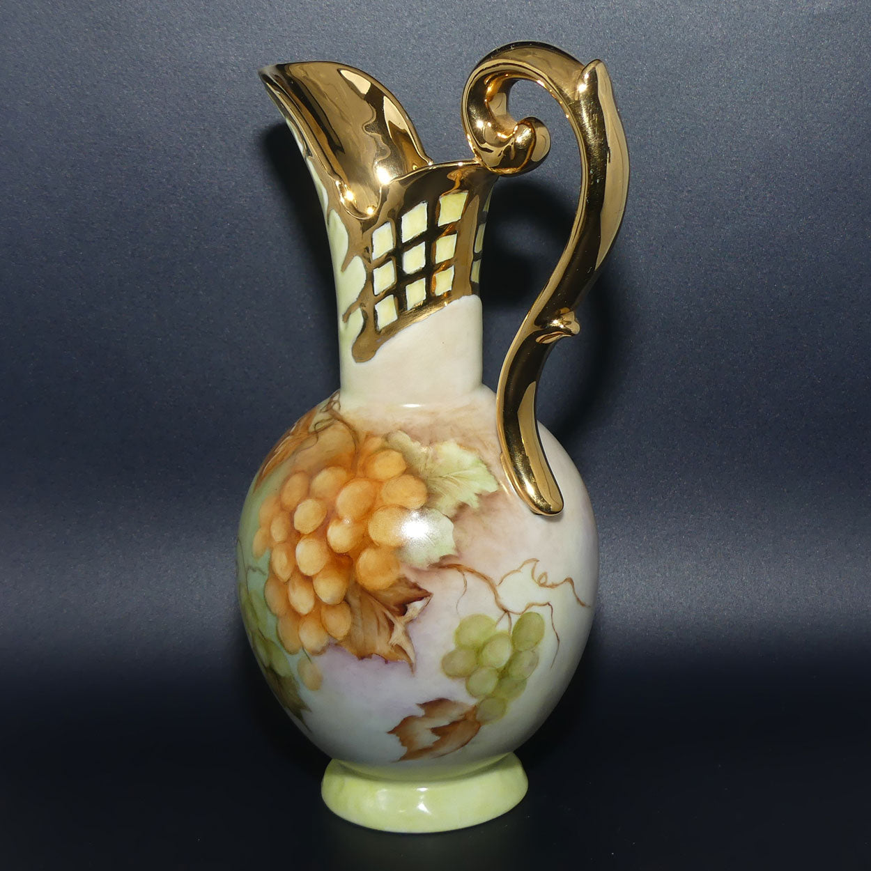 Australian China Painting ewer with Grape and Vine design and high gilt handle | J Butcher 1977
