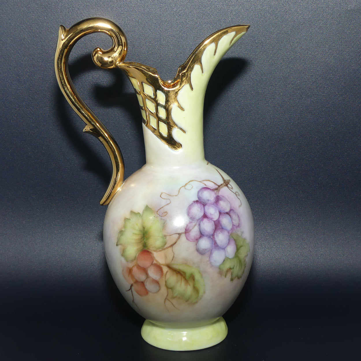 Australian China Painting ewer with Grape and Vine design and high gilt handle | J Butcher 1977