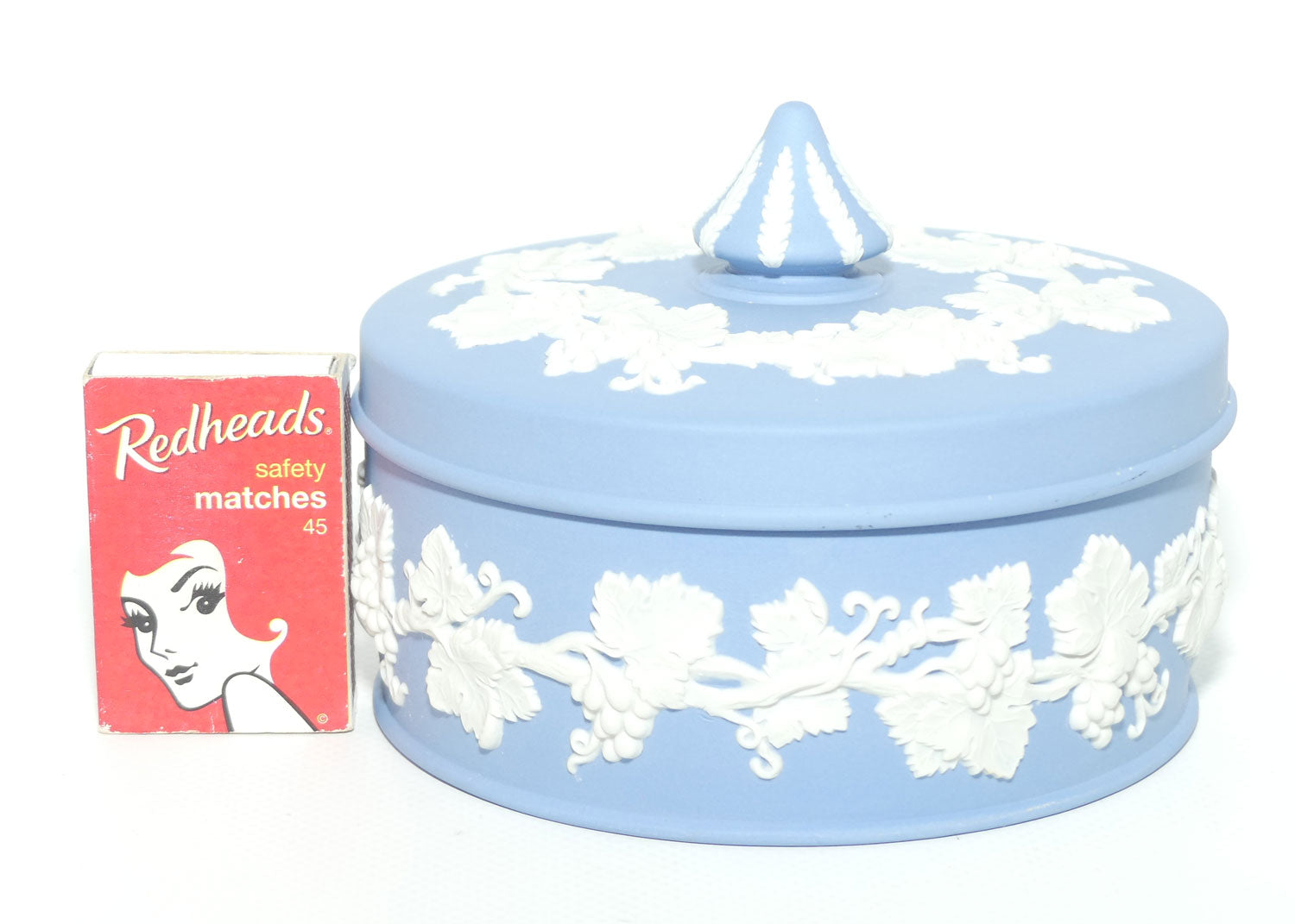 Wedgwood Jasper | White on Pale Blue Grape and Vine pattern powder bowl | #2