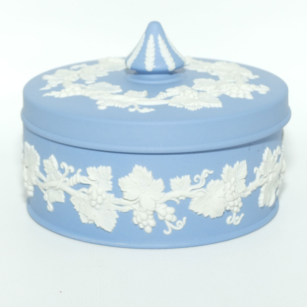 Wedgwood Jasper | White on Pale Blue Grape and Vine pattern powder bowl | #2