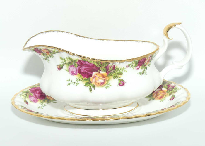 Royal Albert Bone China England Old Country Roses gravy boat and underplate | © 1962 Royal Albert Ltd backstamp