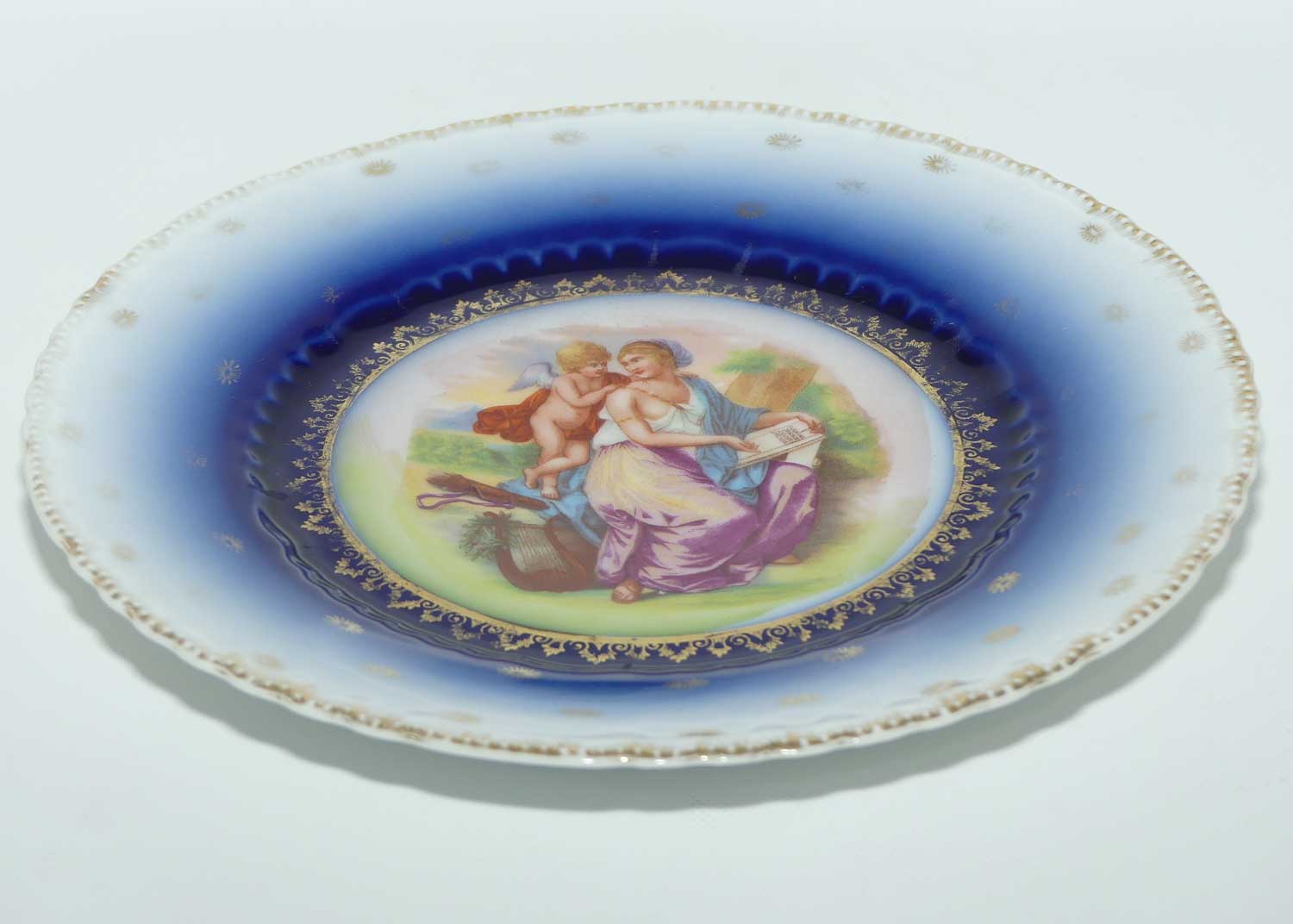 Fine Victoria Porcelain Austria Blue Border plate with Grecian Maiden and Putti cameo scene