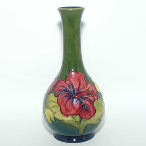 Walter Moorcroft Hibiscus | Olive Green ground slender neck vase | Paper Label intact