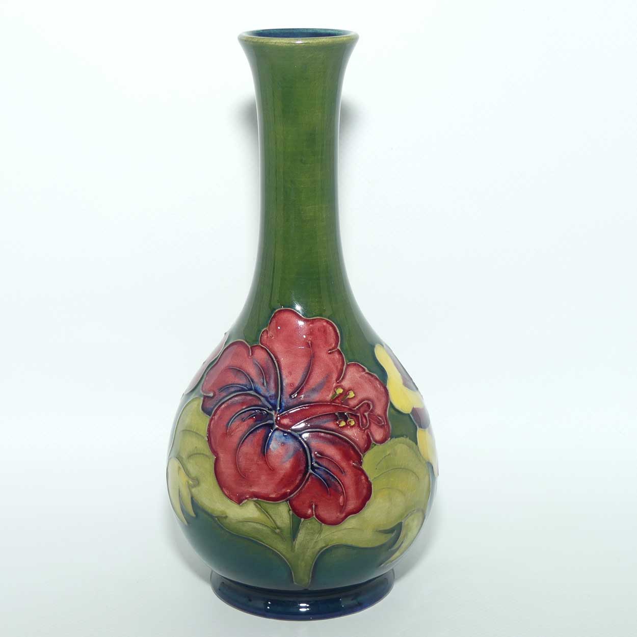Walter Moorcroft Hibiscus | Olive Green ground slender neck vase | Paper Label intact