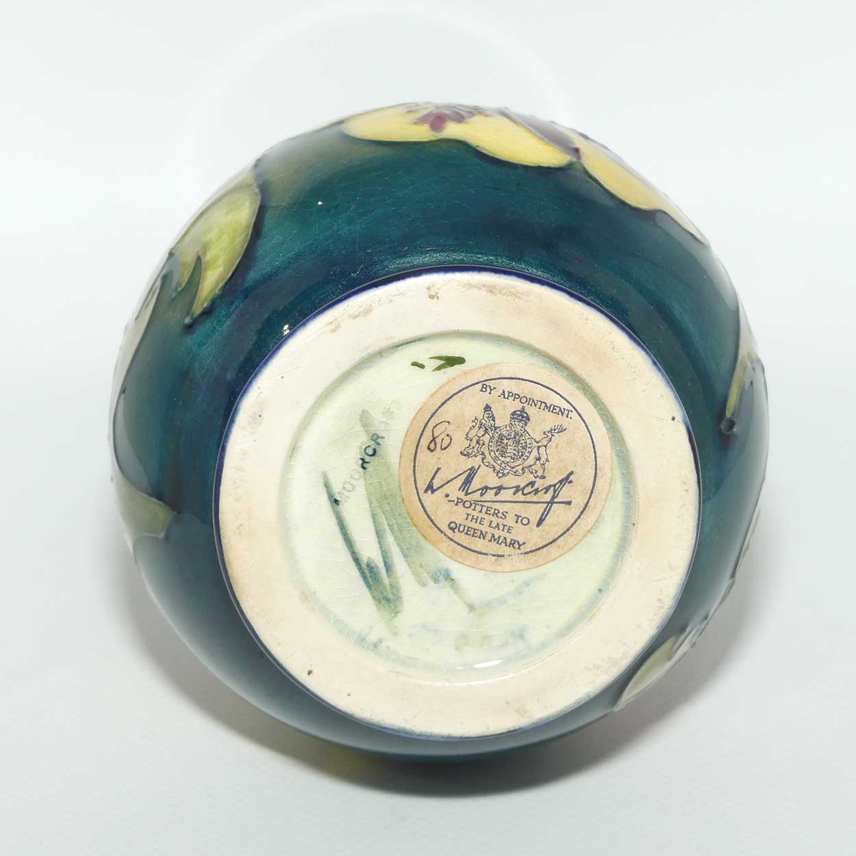 Walter Moorcroft Hibiscus | Olive Green ground slender neck vase | Paper Label intact