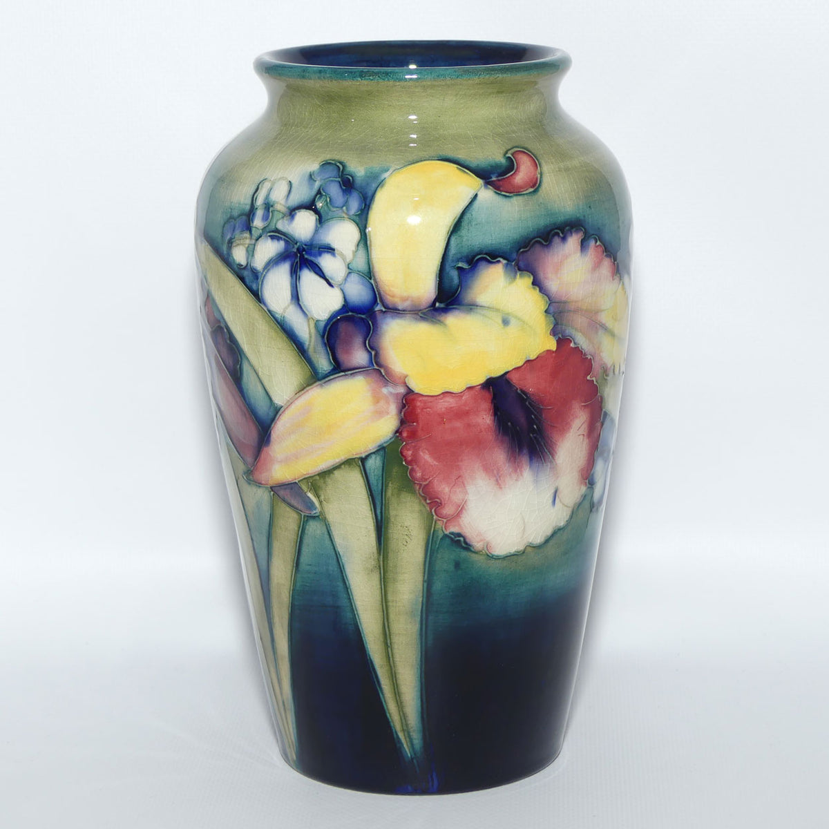 Walter Moorcroft Orchid on Light Green transition to Blue Ground vase | Shape 18/8
