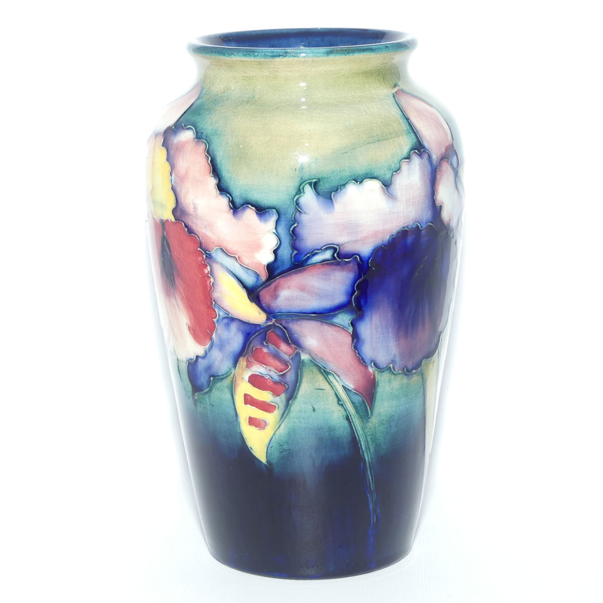 Walter Moorcroft Orchid on Light Green transition to Blue Ground vase | Shape 18/8