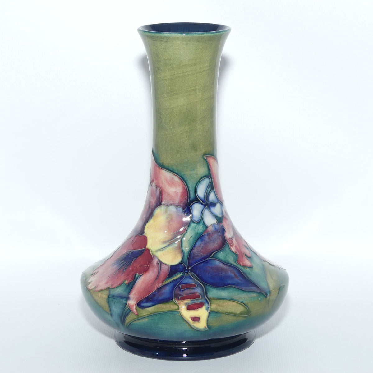 Walter Moorcroft Orchid on Light Green transition to Blue Ground vase | Shape 62/8