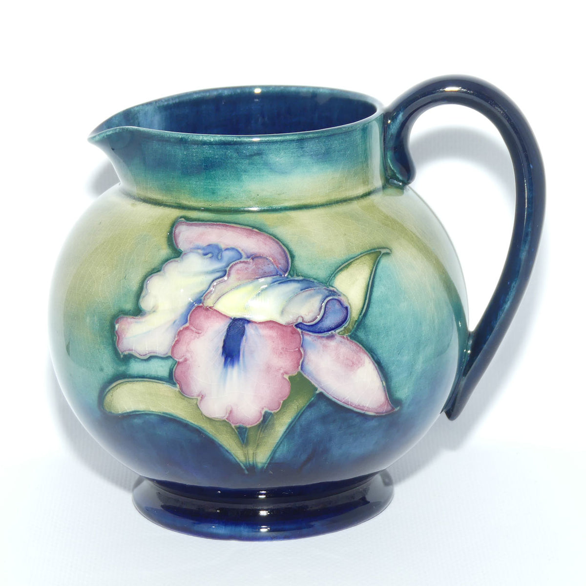 Walter Moorcroft Orchid on Light Green transition to Blue Ground jug