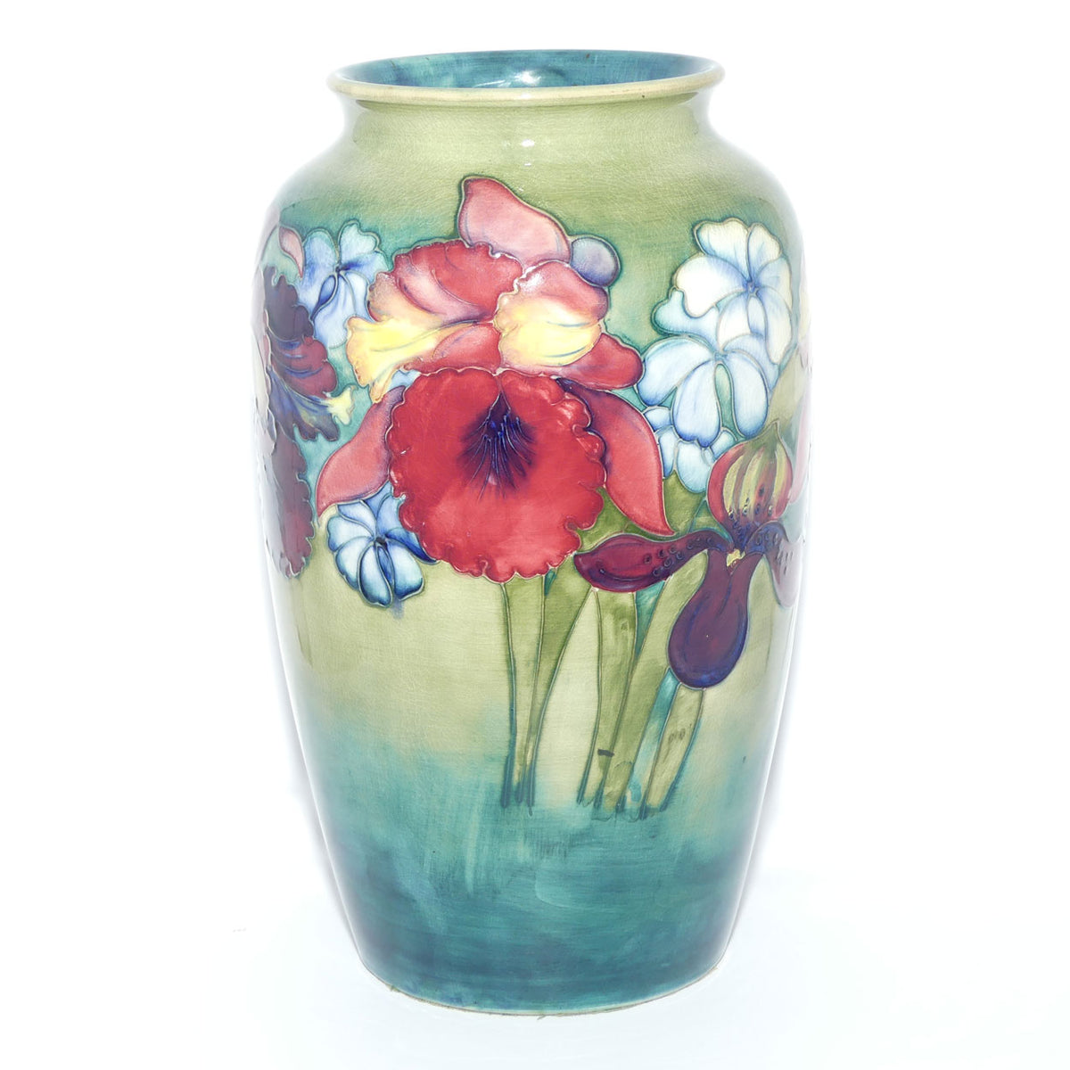 Walter Moorcroft Orchid on Light Green transition to Blue Ground vase | 31.5cms tall
