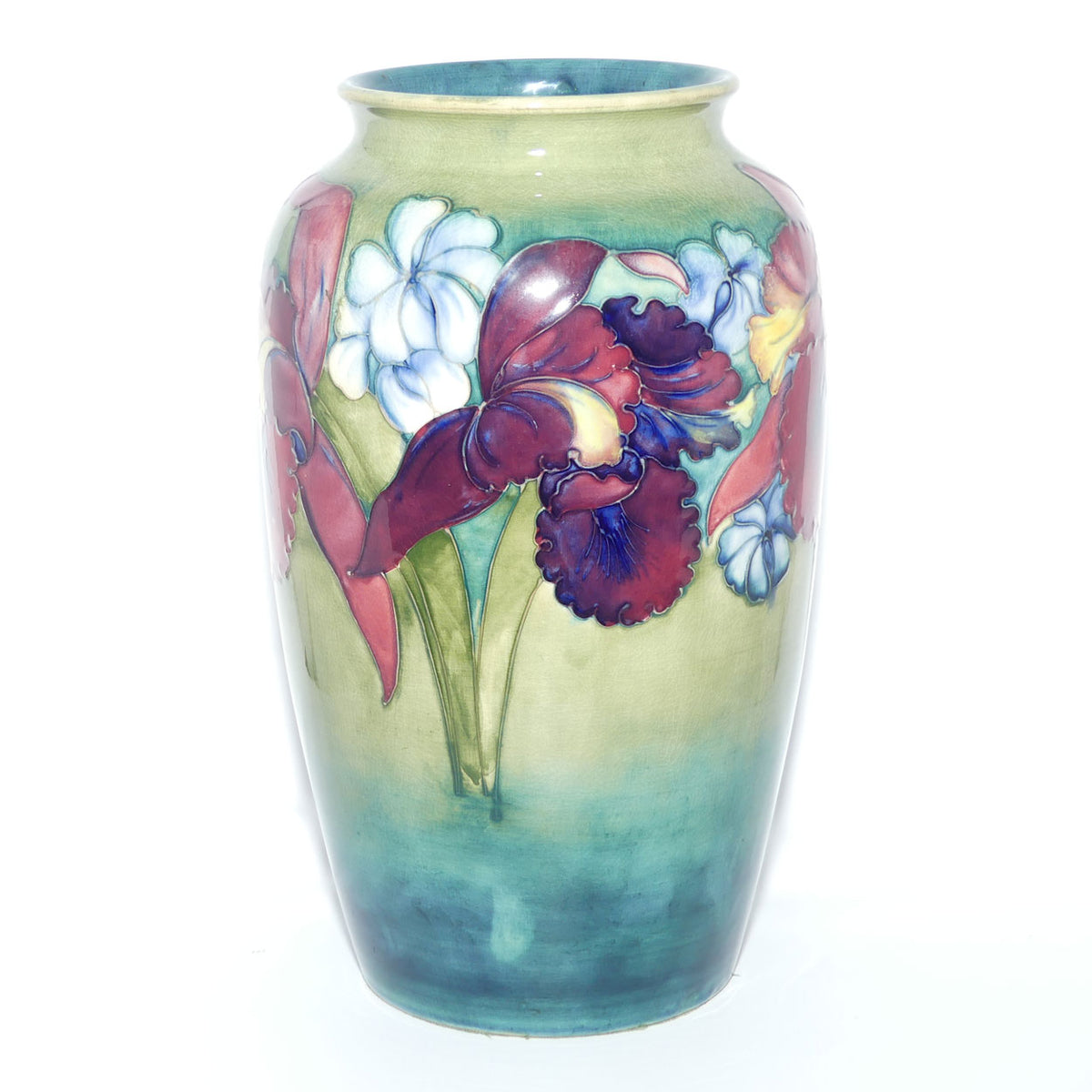Walter Moorcroft Orchid on Light Green transition to Blue Ground vase | 31.5cms tall