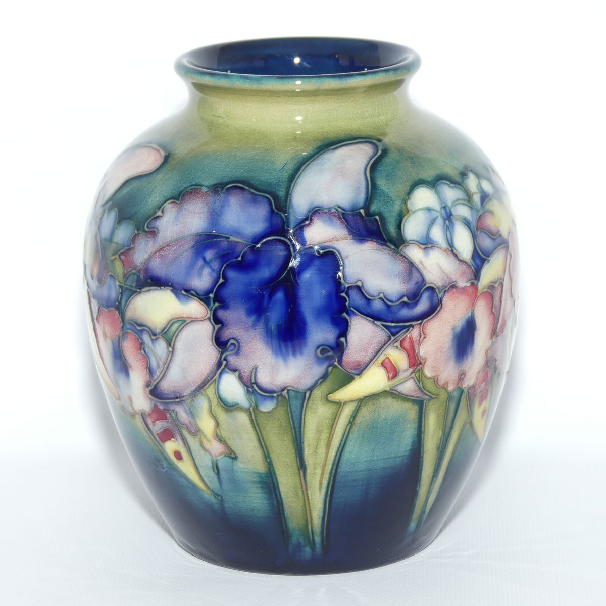 Walter Moorcroft Orchid on Light Green transition to Blue Ground ovoid shape vase