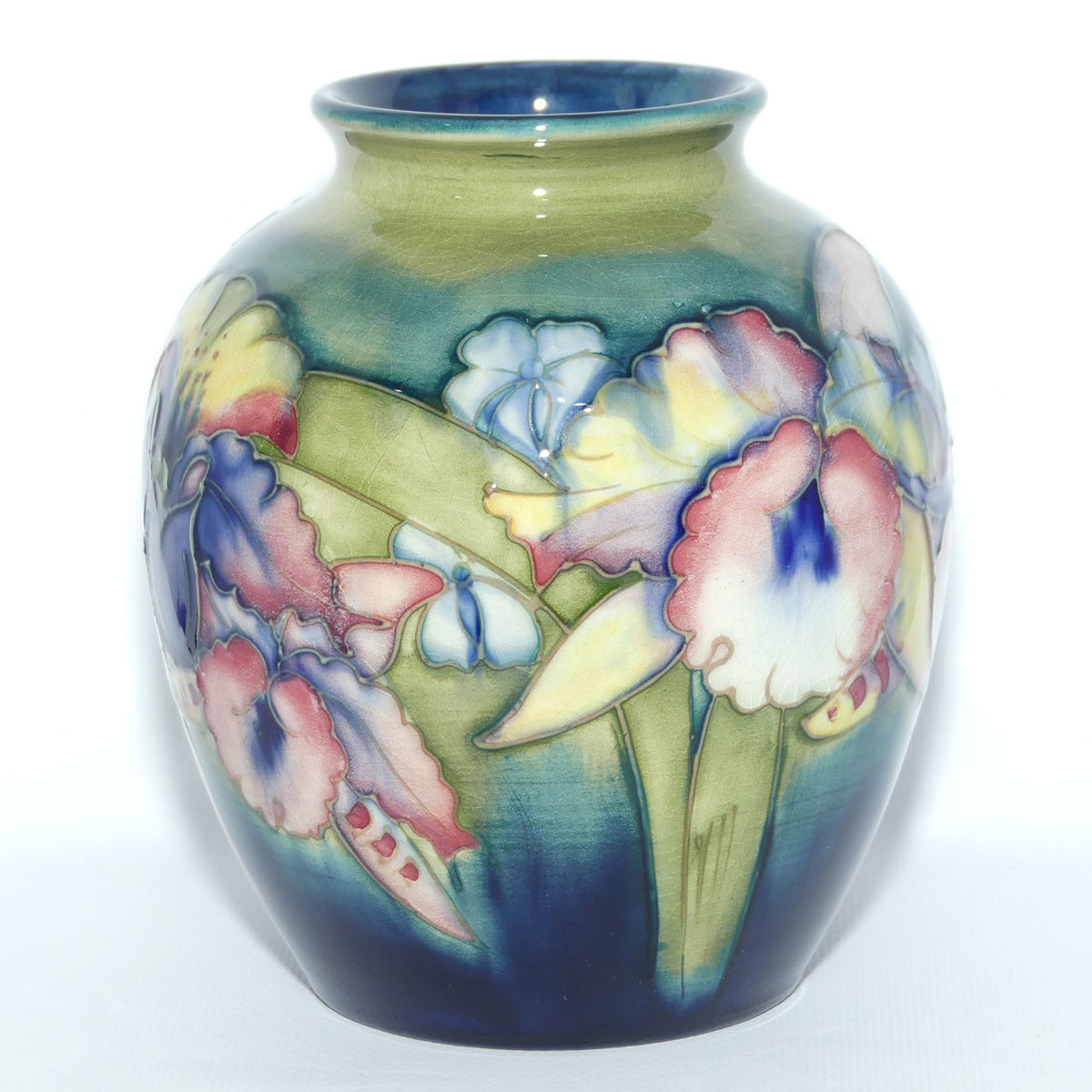Walter Moorcroft Orchid on Light Green transition to Blue Ground ovoid shape vase