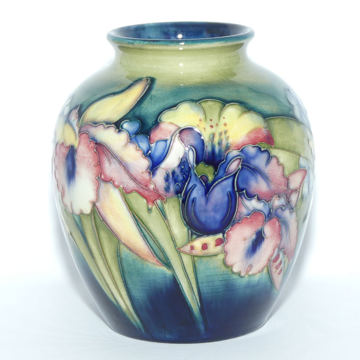 Walter Moorcroft Orchid on Light Green transition to Blue Ground ovoid shape vase