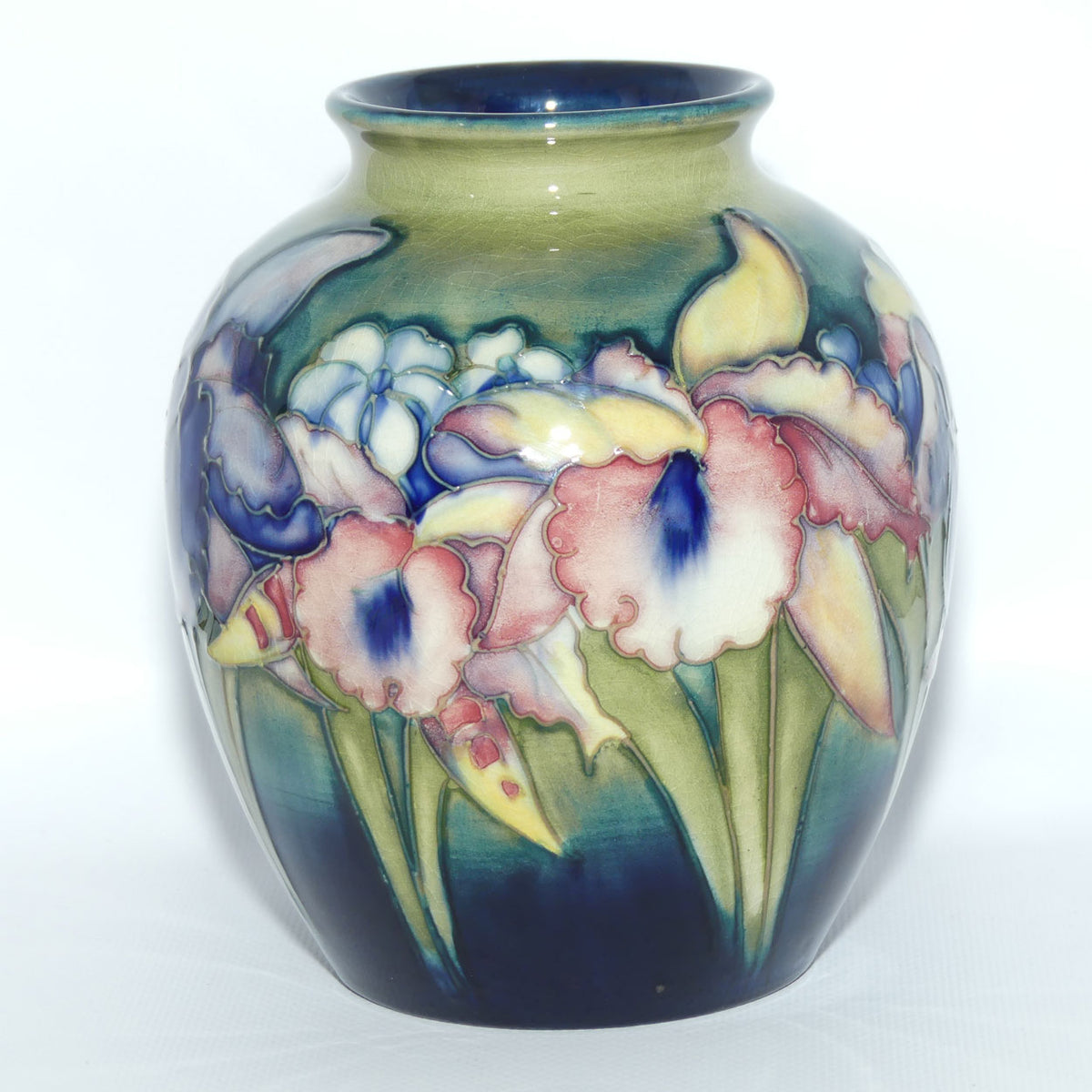 Walter Moorcroft Orchid on Light Green transition to Blue Ground ovoid shape vase