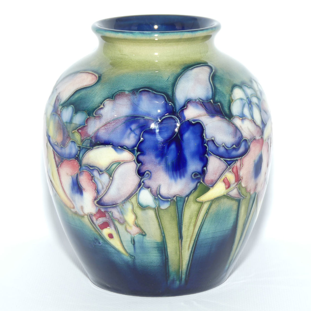 Walter Moorcroft Orchid on Light Green transition to Blue Ground ovoid shape vase