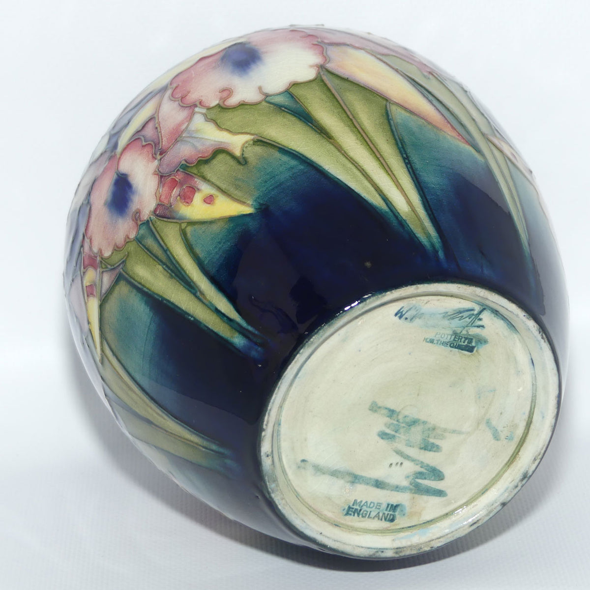 Walter Moorcroft Orchid on Light Green transition to Blue Ground ovoid shape vase