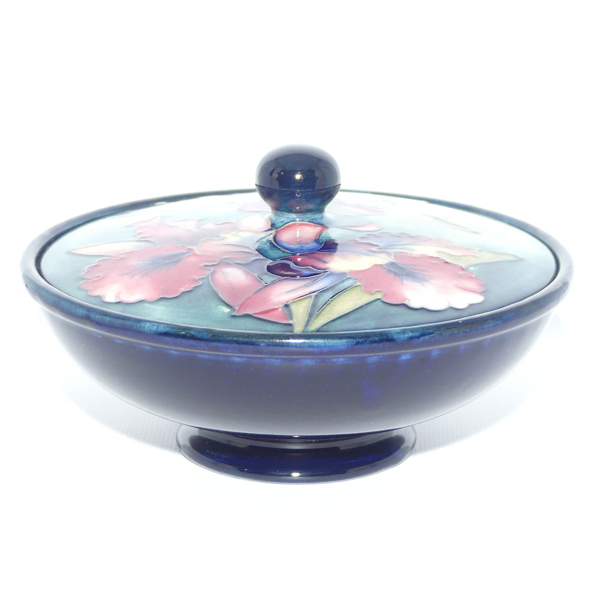 Walter Moorcroft Orchid on Light Green transition to Blue Ground powder bowl