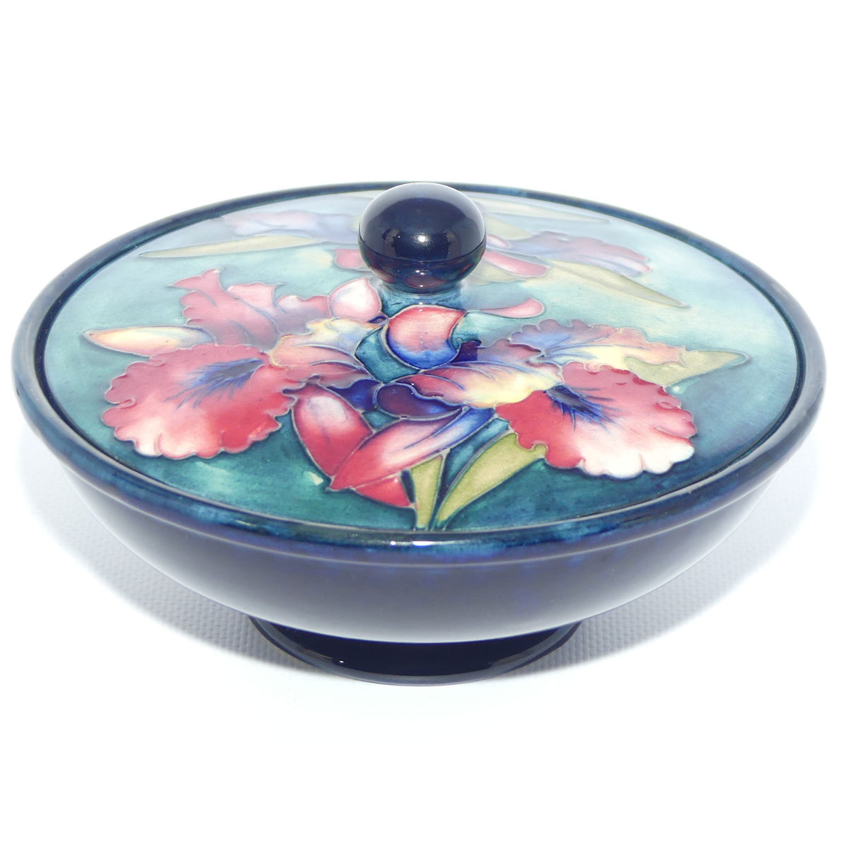 Walter Moorcroft Orchid on Light Green transition to Blue Ground powder bowl