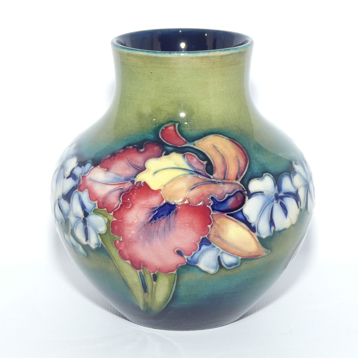 Walter Moorcroft Orchid on Light Green transition to Blue Ground vase | Squat Ovoid shape