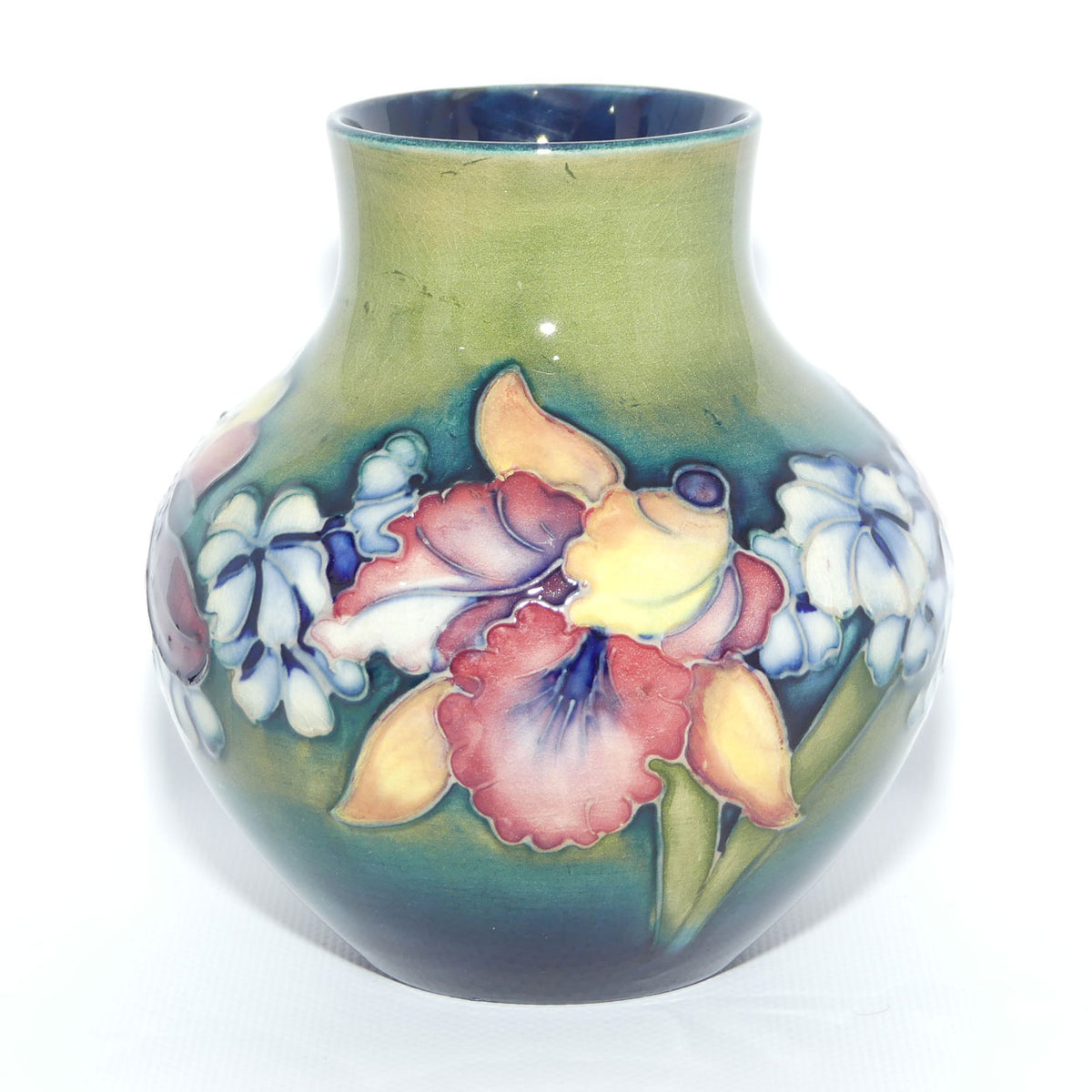 Walter Moorcroft Orchid on Light Green transition to Blue Ground vase | Squat Ovoid shape