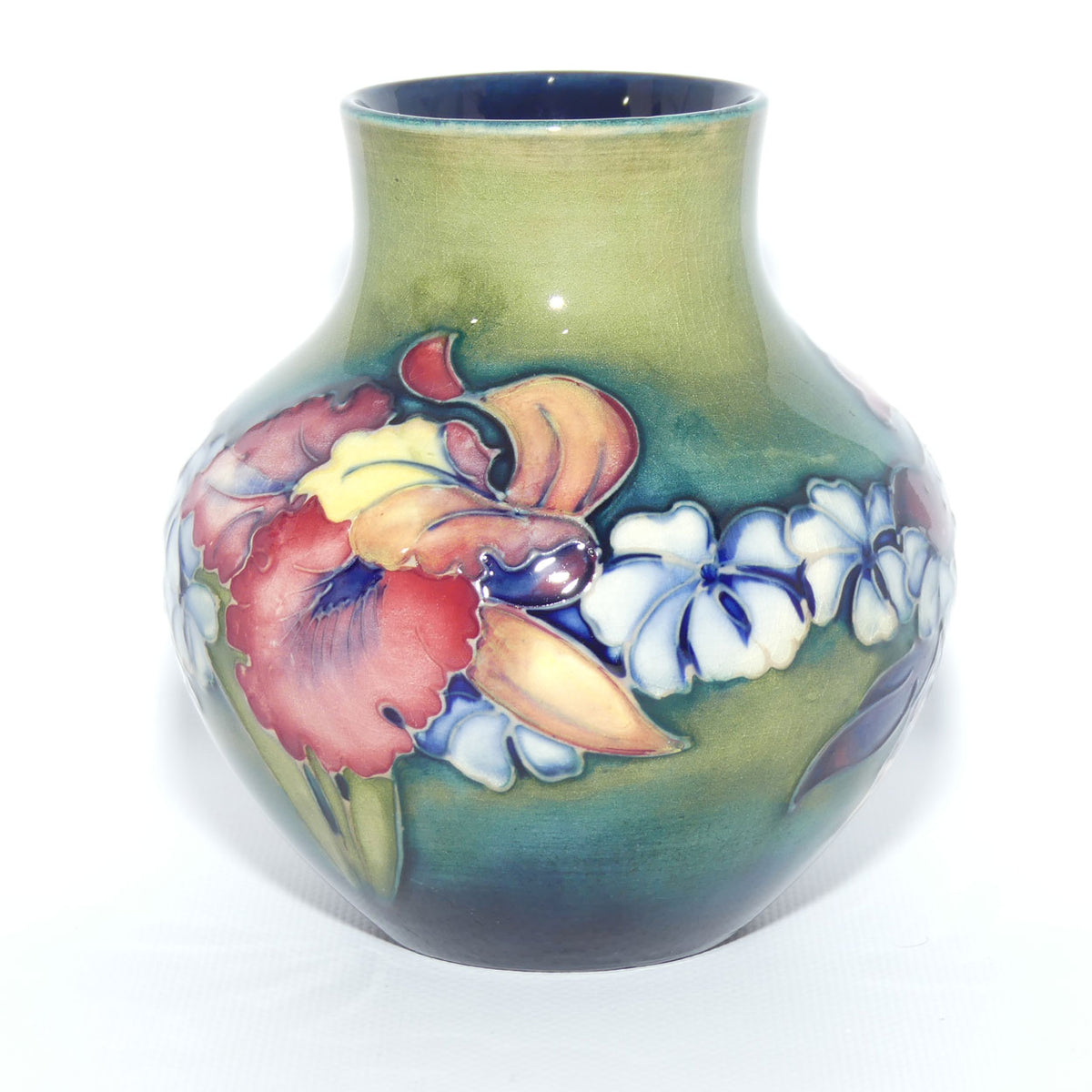Walter Moorcroft Orchid on Light Green transition to Blue Ground vase | Squat Ovoid shape