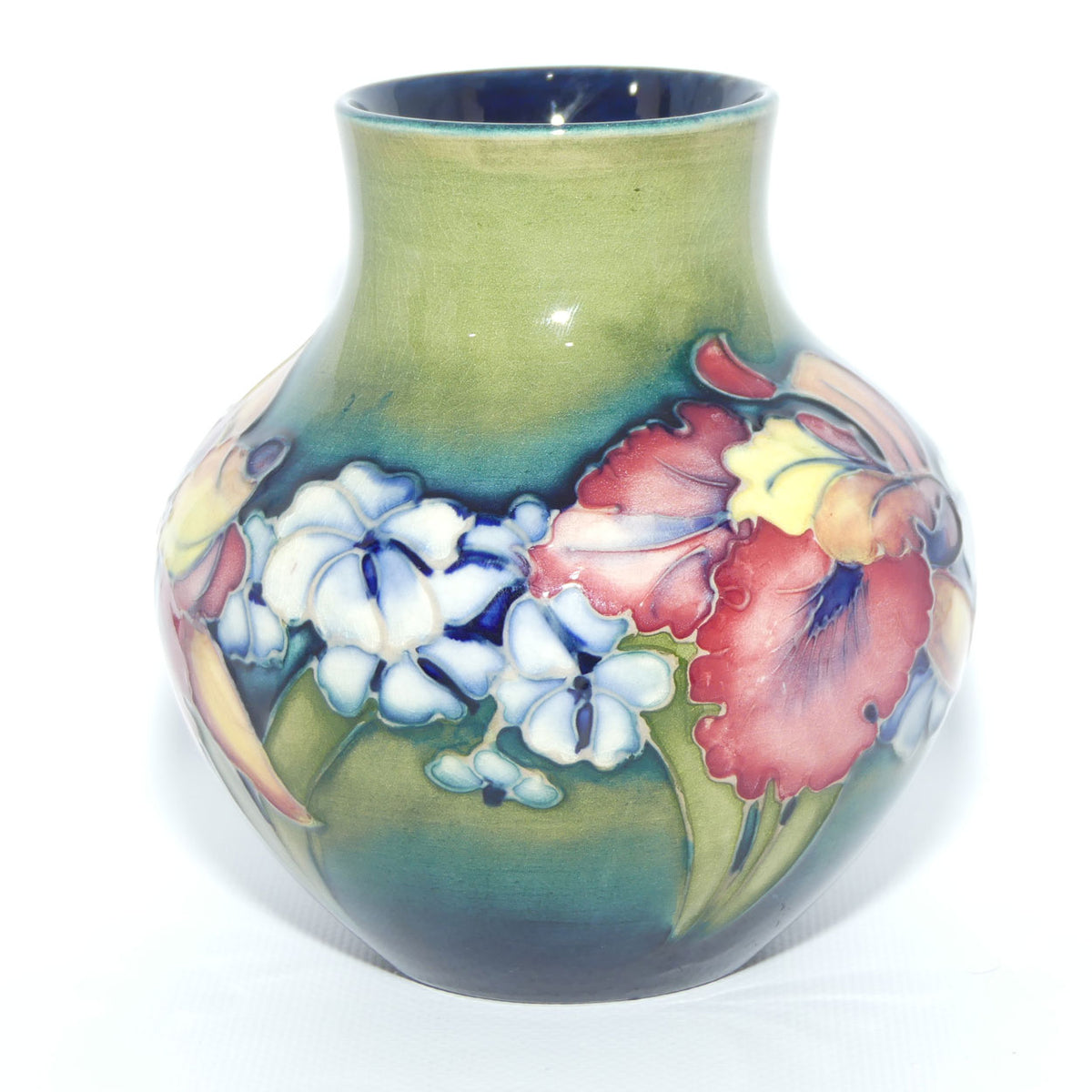 Walter Moorcroft Orchid on Light Green transition to Blue Ground vase | Squat Ovoid shape