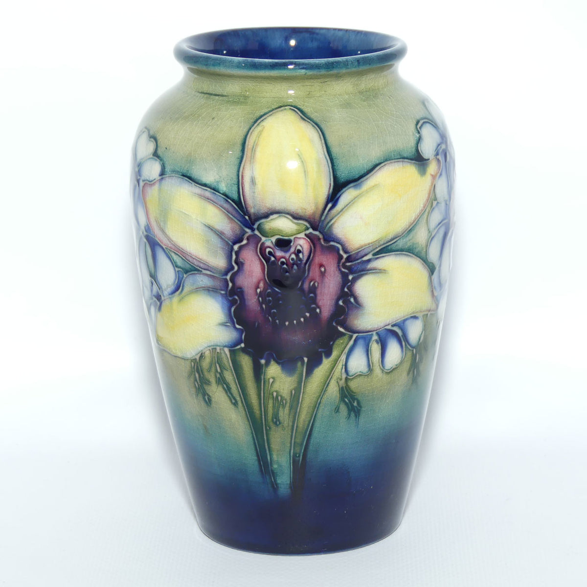 Walter Moorcroft Orchid on Light Green transition to Blue Ground vase | Open Yellow Orchid