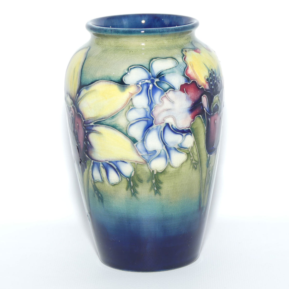 Walter Moorcroft Orchid on Light Green transition to Blue Ground vase | Open Yellow Orchid