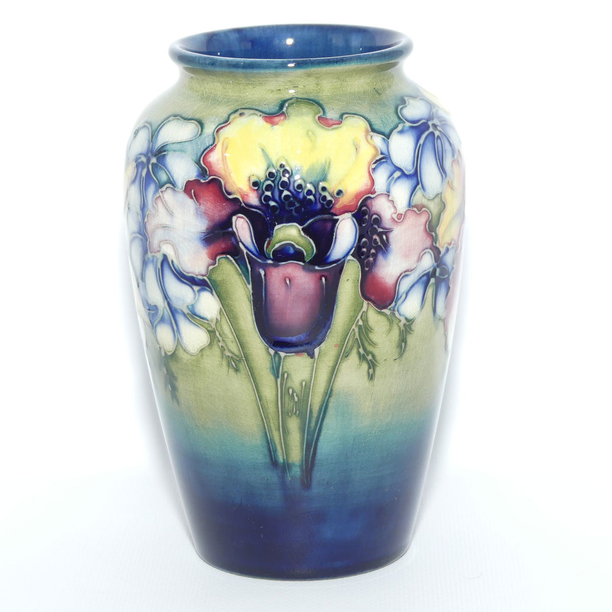 Walter Moorcroft Orchid on Light Green transition to Blue Ground vase | Open Yellow Orchid