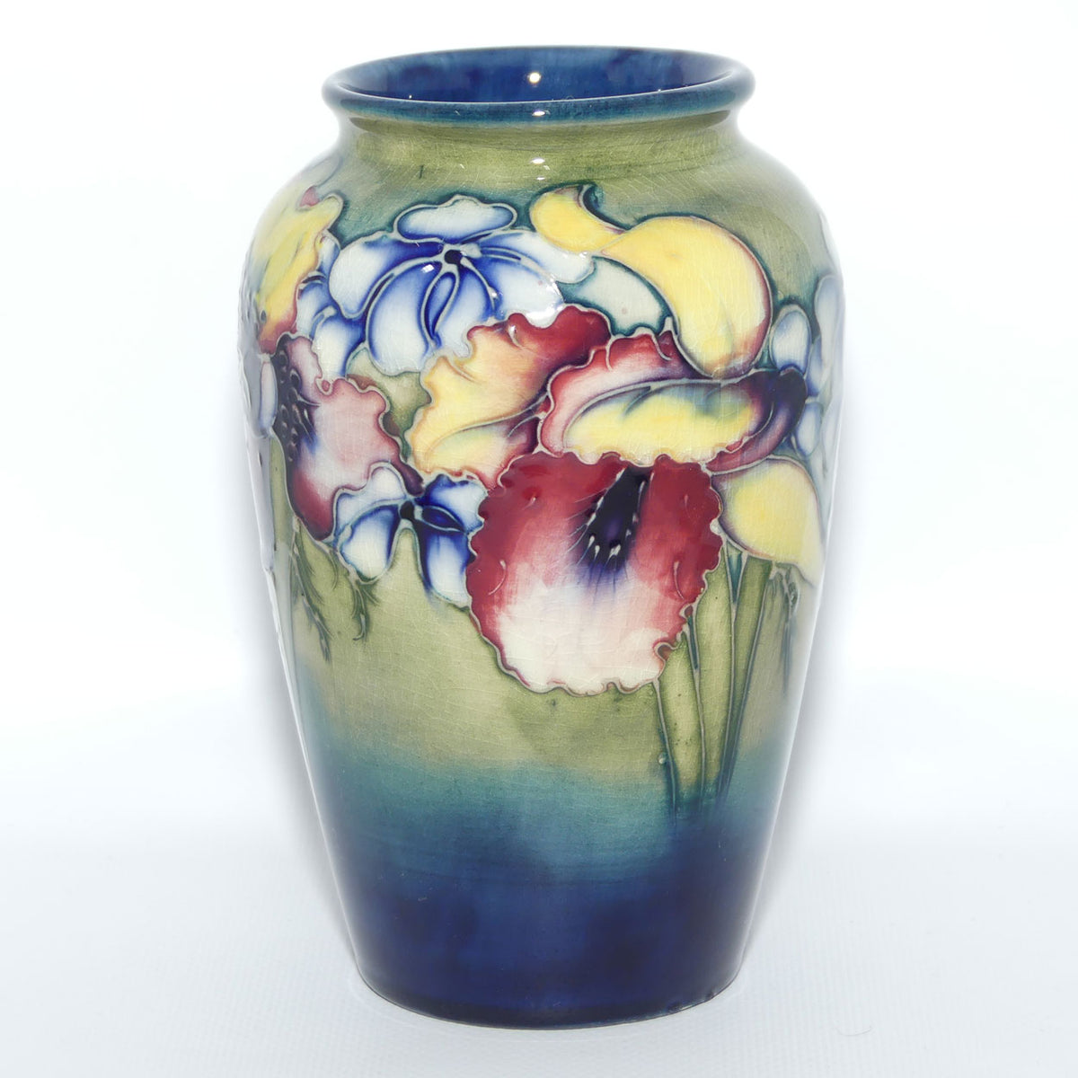 Walter Moorcroft Orchid on Light Green transition to Blue Ground vase | Open Yellow Orchid