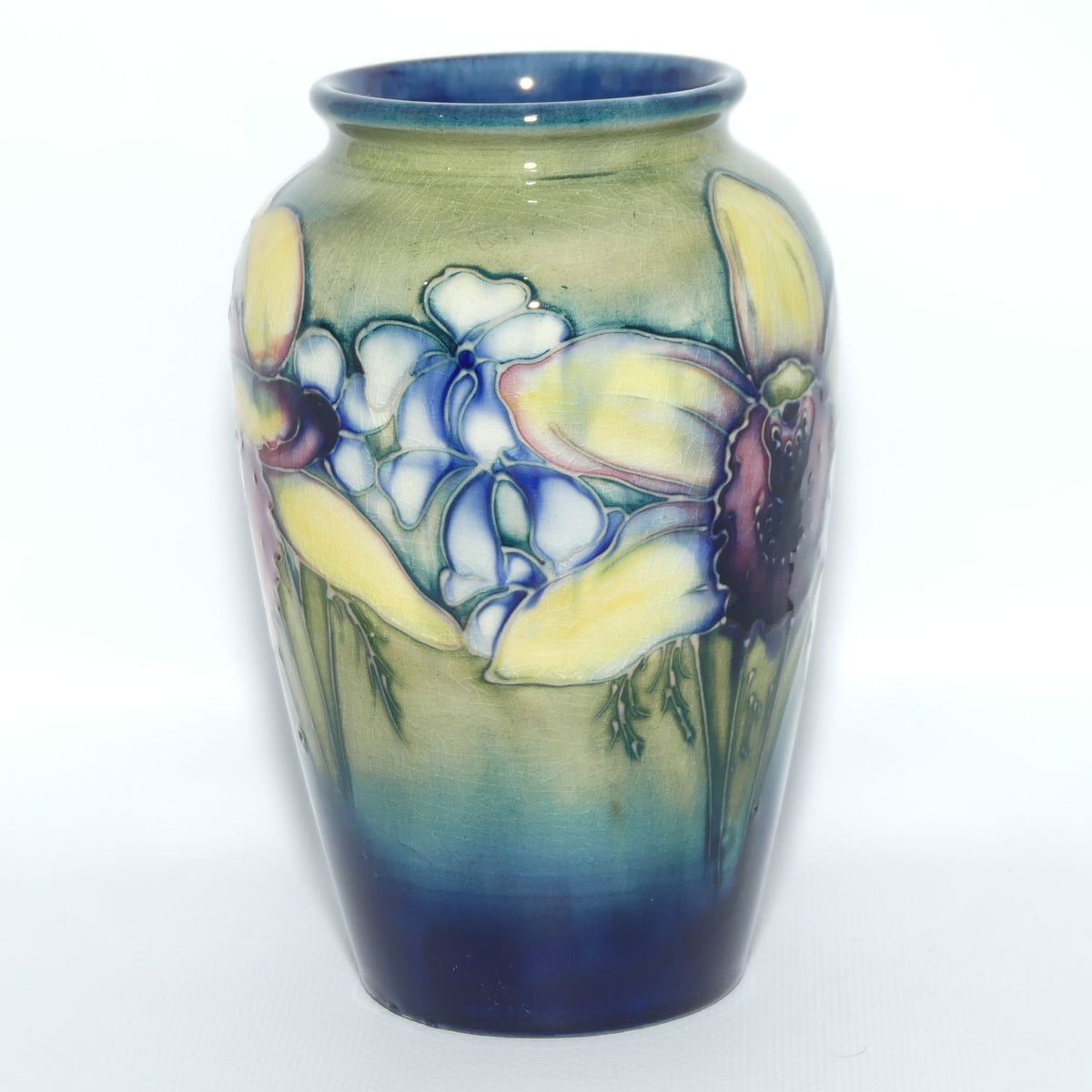 Walter Moorcroft Orchid on Light Green transition to Blue Ground vase | Open Yellow Orchid