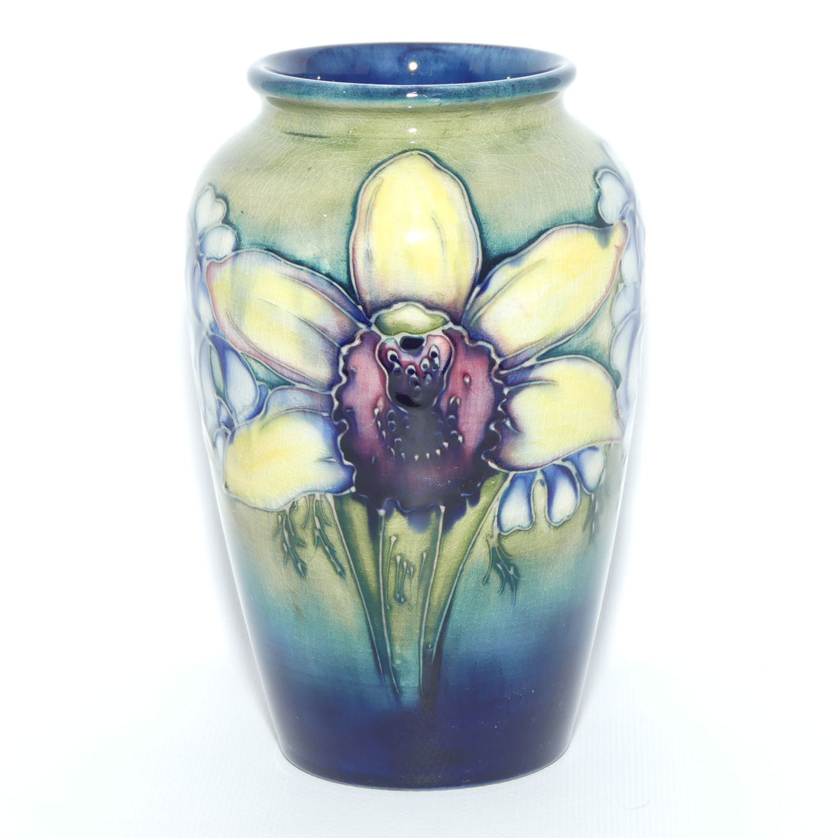 Walter Moorcroft Orchid on Light Green transition to Blue Ground vase | Open Yellow Orchid