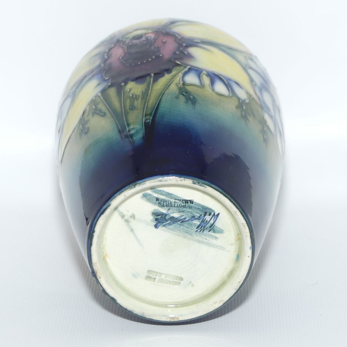 Walter Moorcroft Orchid on Light Green transition to Blue Ground vase | Open Yellow Orchid