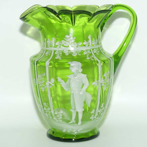 Green Mary Gregory glass jug Boy in Floral Bower