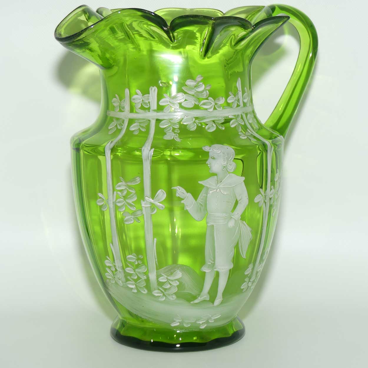 Green Mary Gregory glass jug Boy in Floral Bower