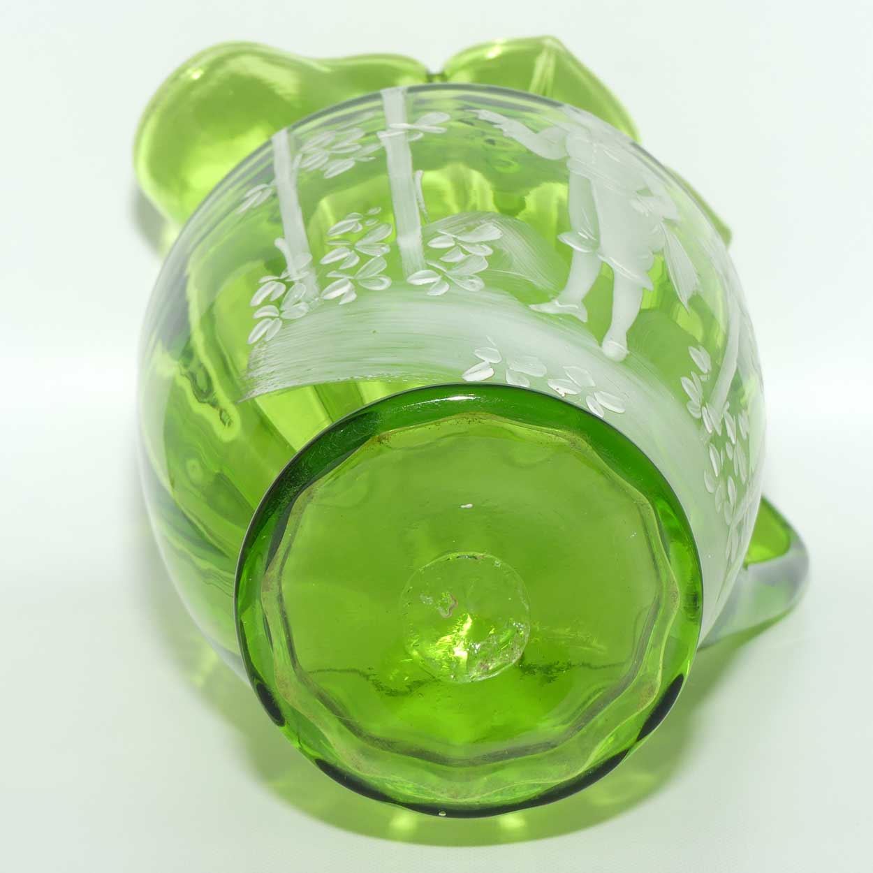 Green Mary Gregory glass jug Boy in Floral Bower