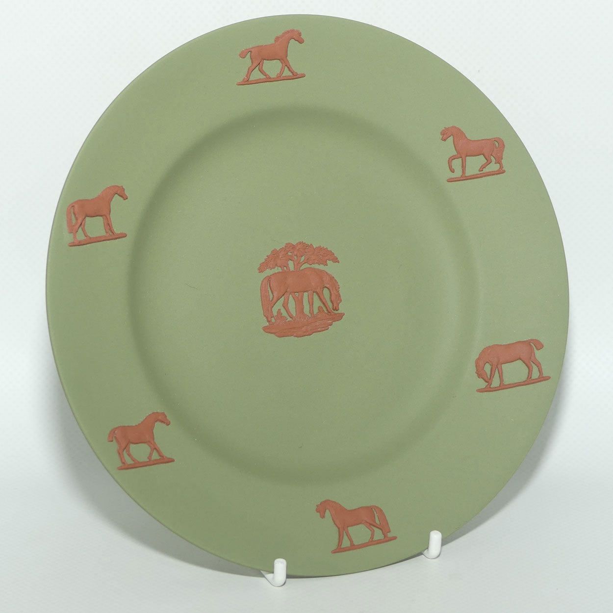 Wedgwood Jasper plate | Brown on Sage Green | Stubbs Horses | 17cm diam | boxed