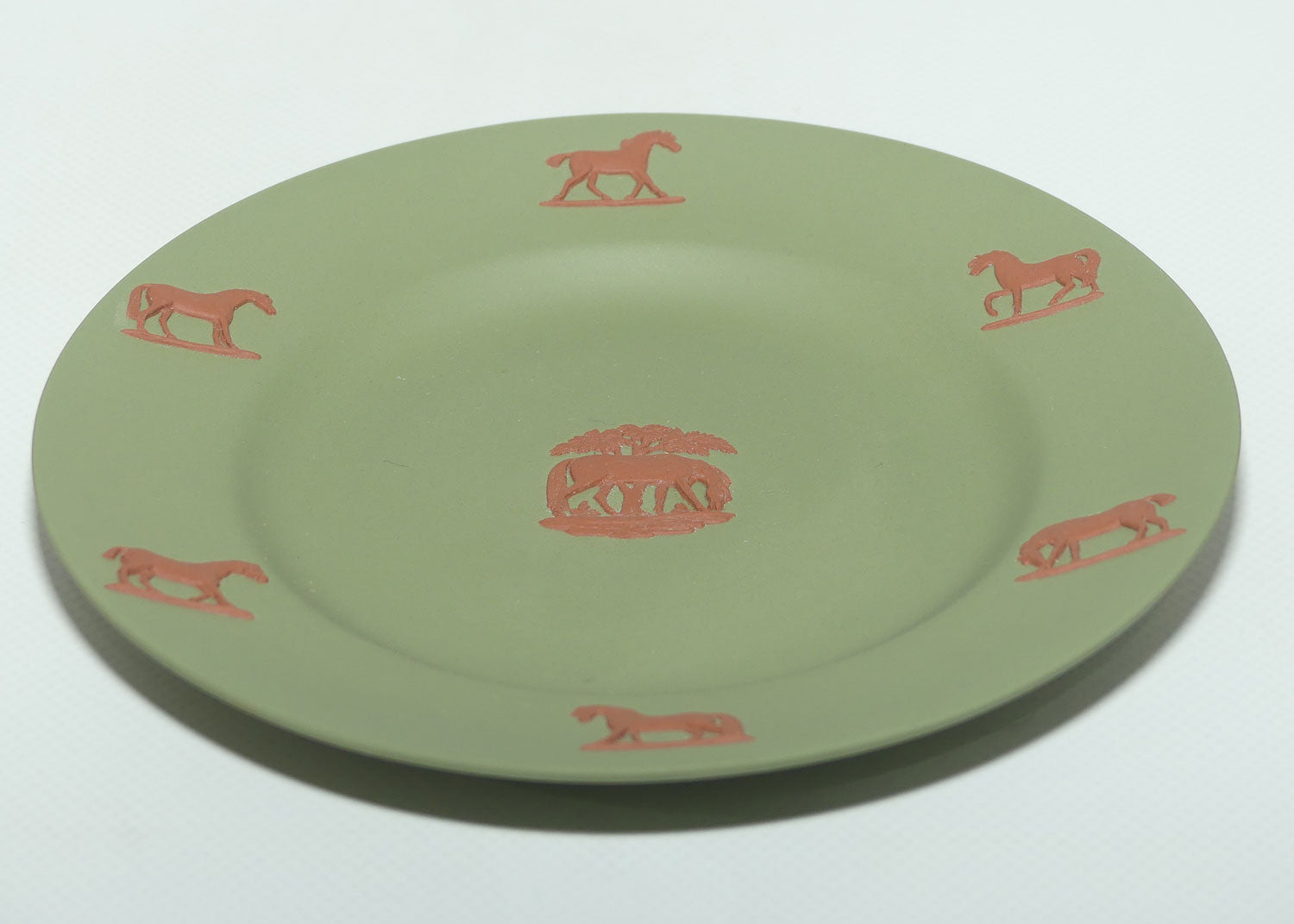 Wedgwood Jasper plate | Brown on Sage Green | Stubbs Horses | 17cm diam | boxed